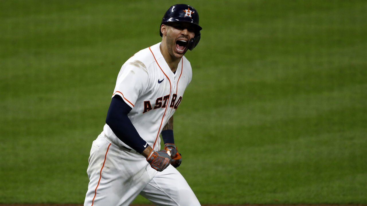 HOUSTON, TEXAS - OCTOBER 15: Carlos Correa #1 of the Houston Astros reacts as he rounds the bases after he hit a home run in the seventh inning against the Boston Red Sox during Game One of the American League Championship Series at Minute Maid Park on October 15, 2021 in Houston, Texas.