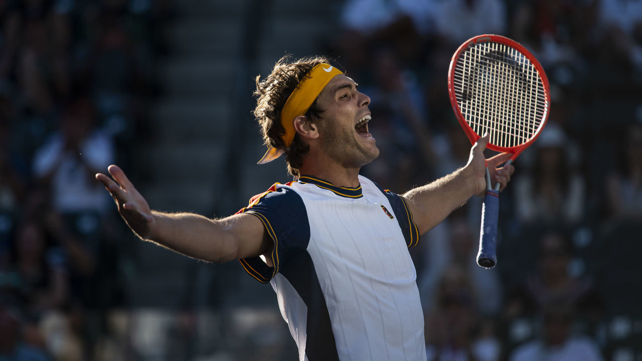 INDIAN WELLS, CALIFORNIA - OCTOBER 15: Taylor Fritz of the United States celebrates his victory over Alexander Zverev of Germany in the quarterfinals of the BNP Paribas Open at the Indian Wells Tennis Garden on October 15, 2021 in Indian Wells, California.
