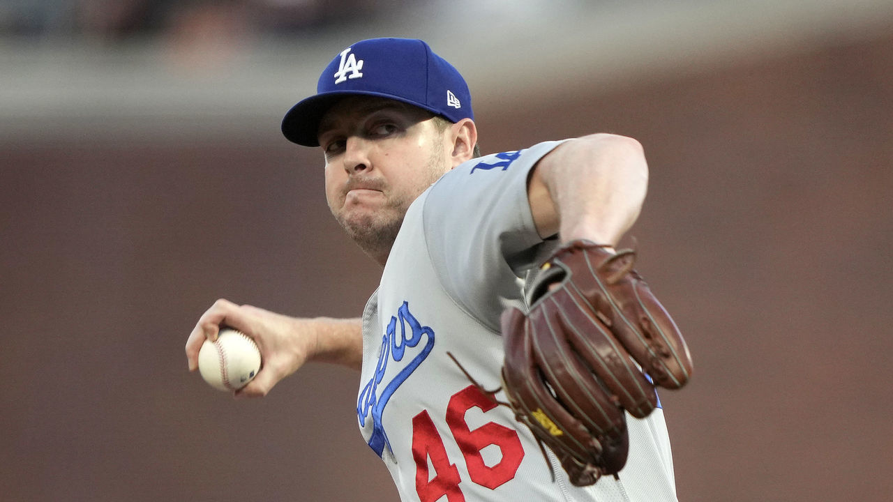 SAN FRANCISCO, CALIFORNIA - OCTOBER 14: Corey Knebel #46 of the Los Angeles Dodgers pitches against the San Francisco Giants during the first inning in game 5 of the National League Division Series at Oracle Park on October 14, 2021 in San Francisco, California.
