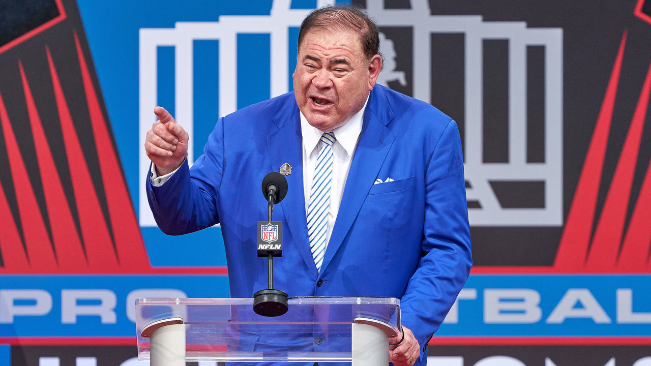 CANTON, OH - AUGUST 07: Hall of Fame President David Baker speaks during the Pro Football HOF Centennial Class of 2020 enshrinement ceremonies on August 7, 2021 at Tom Benson Hall of Fame Stadium, in Canton, OH.