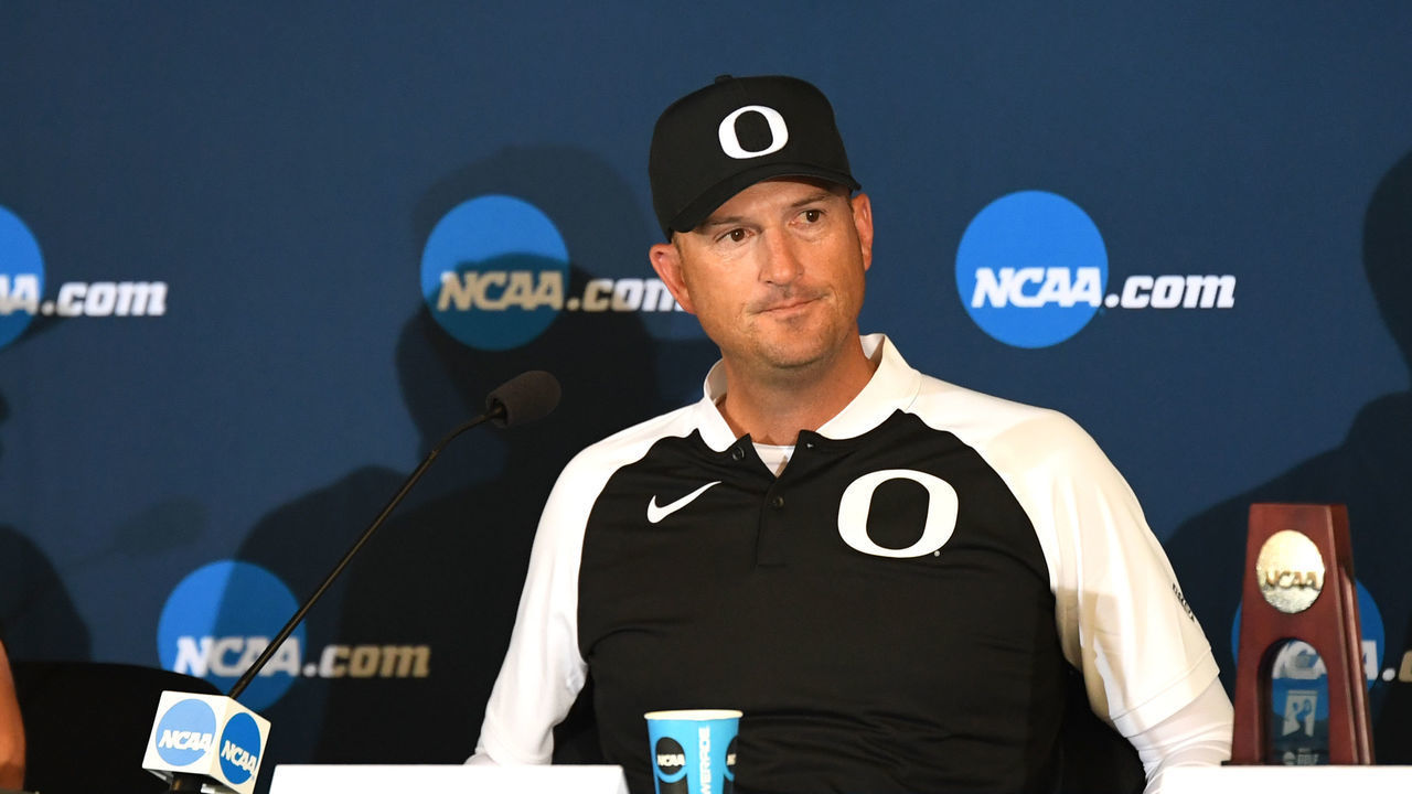 SUGAR GROVE, IL - MAY 31: Oregon Ducks' head coach Casey Martin answers questions from the media after losing against the Oklahoma Sooners in the final round of the NCAA Division I Men's Golf Championship on May 31, 2017, at Rich Harvest Farms in Sugar Grove, IL.