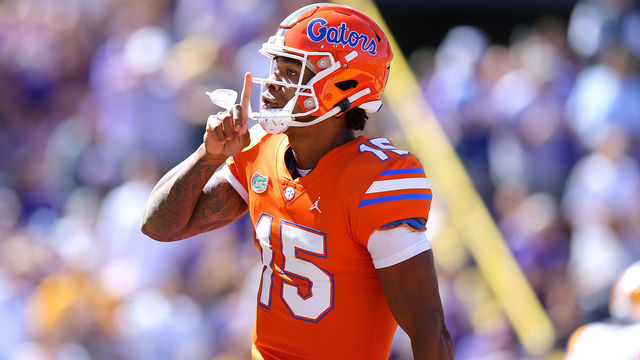 BATON ROUGE, LOUISIANA - OCTOBER 16: Anthony Richardson #15 of the Florida Gators celebrates a touchdown during the second half against the LSU Tigers at Tiger Stadium on October 16, 2021 in Baton Rouge, Louisiana.