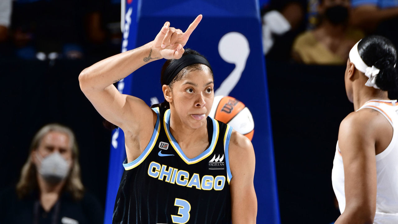 CHICAGO, IL - OCTOBER 15: Candace Parker #3 of the Chicago Sky celebrates during the game against the Phoenix Mercury in Game Three of the 2021 WNBA Finals on October 15, 2021 at the Wintrust Arena in Chicago, Illinois. Mandatory Copyright Notice: Copyright 2021 NBAE