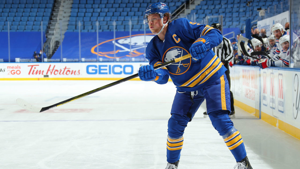 BUFFALO, NY - JANUARY 28: Jack Eichel #9 of the Buffalo Sabres skates during an NHL game against the New York Rangers on January 28, 2021 at KeyBank Center in Buffalo, New York.