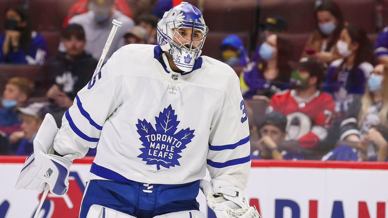 OTTAWA, ONTARIO - OCTOBER 14: Petr Mrazek #35 of the Toronto Maple Leafs skates against the Ottawa Senators at Canadian Tire Centre on October 14, 2021 in Ottawa, Ontario.