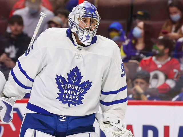 OTTAWA, ONTARIO - OCTOBER 14: Petr Mrazek #35 of the Toronto Maple Leafs skates against the Ottawa Senators at Canadian Tire Centre on October 14, 2021 in Ottawa, Ontario.