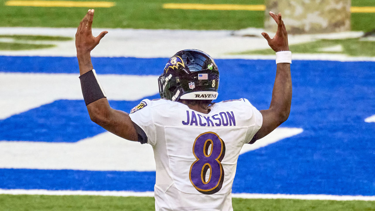 INDIANAPOLIS, IN - NOVEMBER 08: Baltimore Ravens quarterback Lamar Jackson (8) celebrates after a touchdown play in action during a NFL game between the Indianapolis Colts and the Baltimore Ravens on November 08, 2020 at Lucas Oil Stadium in Indianapolis, IN.
