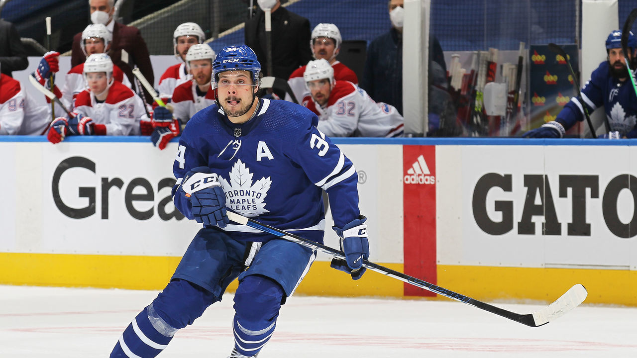TORONTO, ON - MAY 31: Auston Matthews #34 of the Toronto Maple Leafs skates against the Montreal Canadiens during Game Seven of the First Round of the 2021 Stanley Cup Playoffs at Scotiabank Arena on May 31, 2021 in Toronto, Ontario, Canada. The Canadiens defeated the Map[le Leafs 3-1 to win series 4 games to 3.