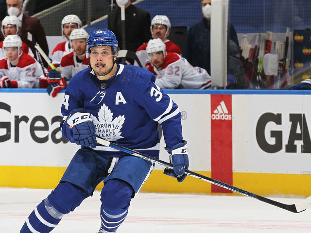 TORONTO, ON - MAY 31: Auston Matthews #34 of the Toronto Maple Leafs skates against the Montreal Canadiens during Game Seven of the First Round of the 2021 Stanley Cup Playoffs at Scotiabank Arena on May 31, 2021 in Toronto, Ontario, Canada. The Canadiens defeated the Map[le Leafs 3-1 to win series 4 games to 3.