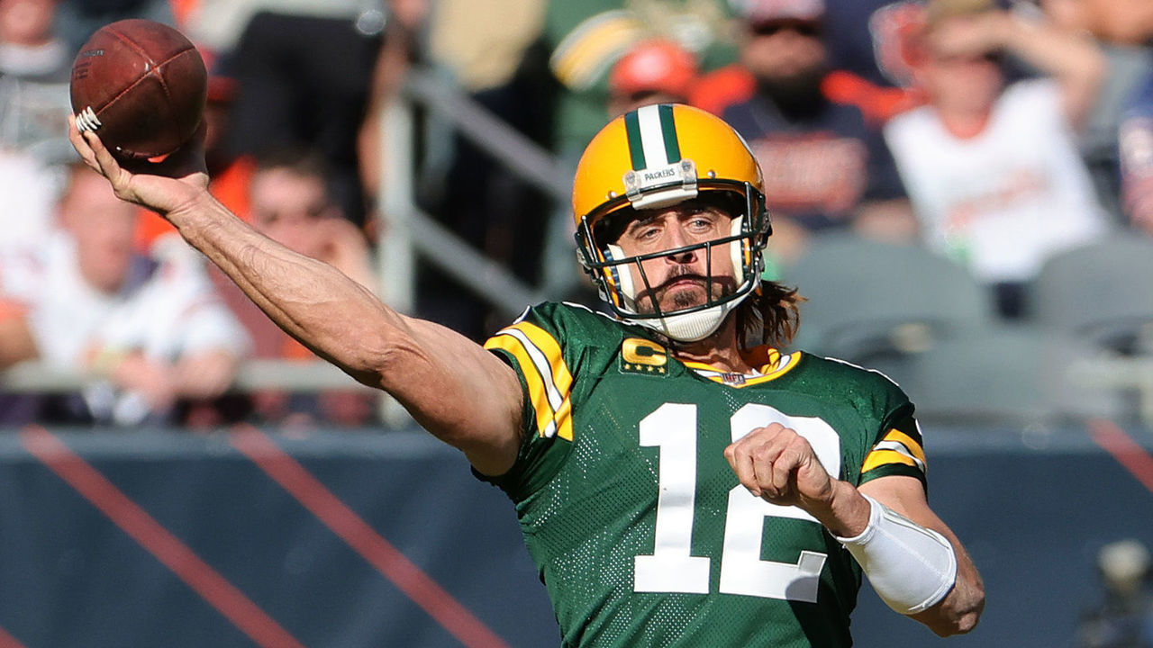 CHICAGO, ILLINOIS - OCTOBER 17: Aaron Rodgers #12 of the Green Bay Packers throws pass against the Chicago Bears in the second half at Soldier Field on October 17, 2021 in Chicago, Illinois.