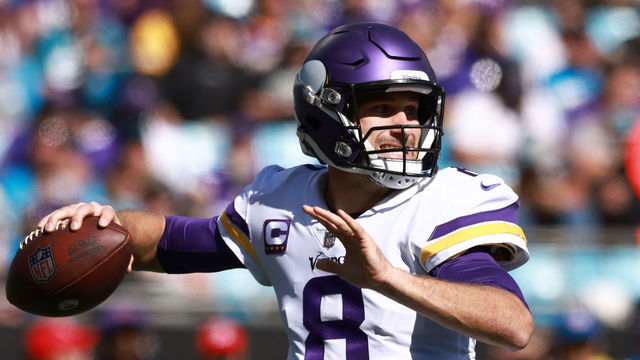 CHARLOTTE, NORTH CAROLINA - OCTOBER 17: Kirk Cousins #8 of the Minnesota Vikings throws the ball during the second quarter against the Carolina Panthers at Bank of America Stadium on October 17, 2021 in Charlotte, North Carolina.