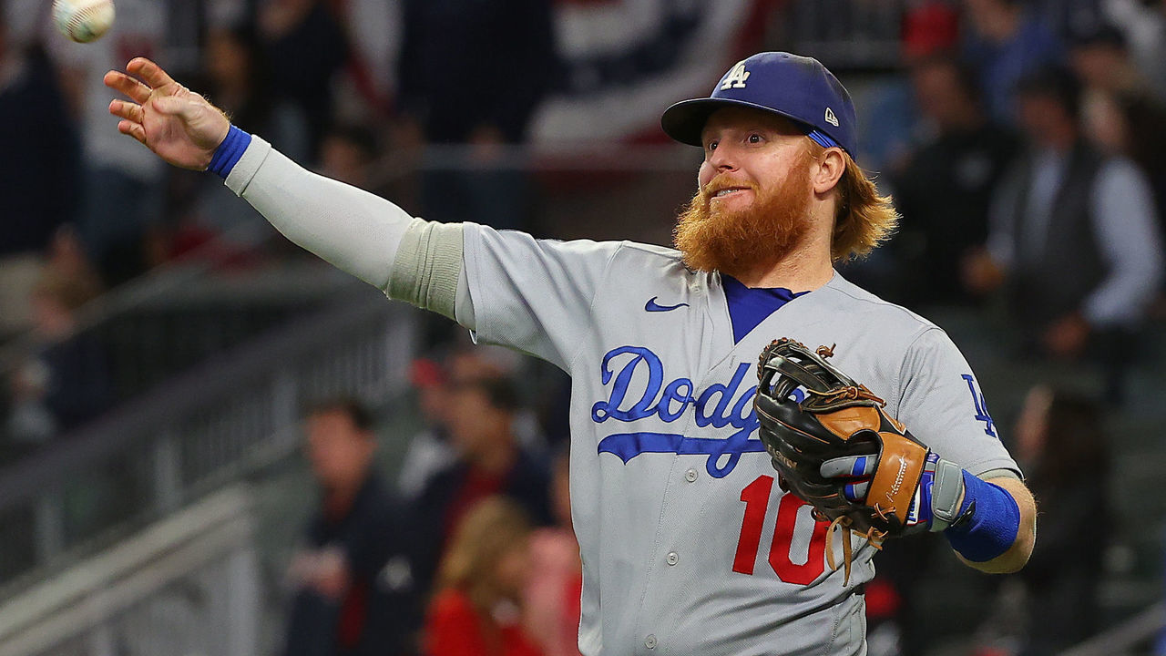 ATLANTA, GEORGIA - OCTOBER 16: Justin Turner #10 of the Los Angeles Dodgers warms up prior to Game One of the National League Championship Series against the Atlanta Braves at Truist Park on October 16, 2021 in Atlanta, Georgia.