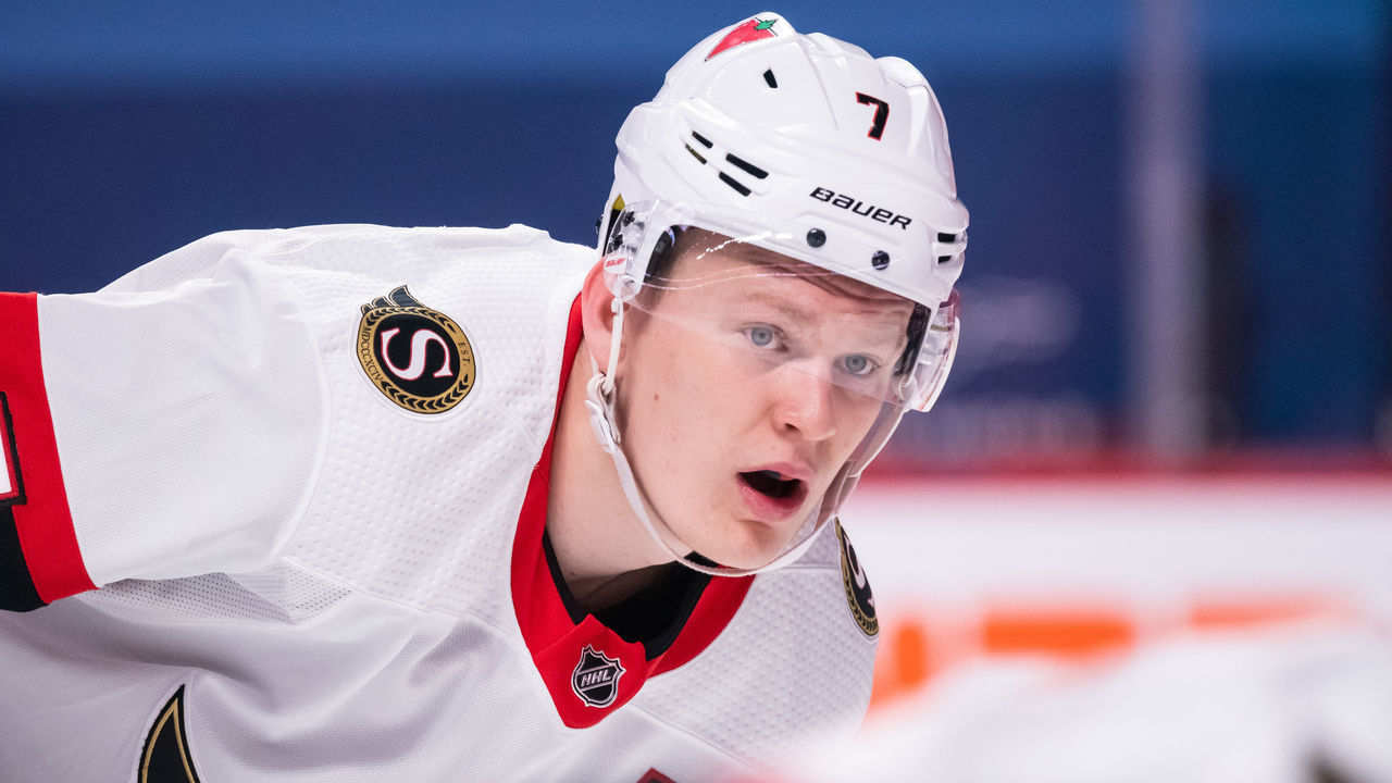 MONTREAL, QC - MAY 01: Brady Tkachuk (7) of the Ottawa Senators waits for play to begin during the first period of the NHL game between the Ottawa Senators and the Montreal Canadiens on May 1, 2021, at the Bell Centre in Montreal, QC
