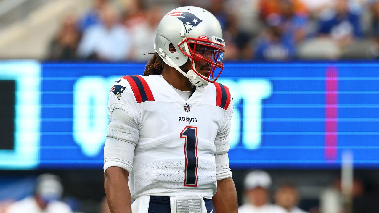 EAST RUTHERFORD, NEW JERSEY - AUGUST 29: Cam Newton #1 of the New England Patriots looks on during the game against the New York Giants at MetLife Stadium on August 29, 2021 in East Rutherford, New Jersey.