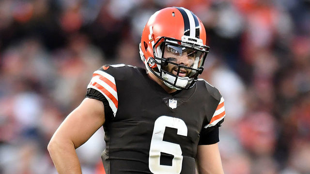 CLEVELAND, OHIO - OCTOBER 17: Baker Mayfield #6 of the Cleveland Browns reacts to a flag during the fourth quarter against the Arizona Cardinals at FirstEnergy Stadium on October 17, 2021 in Cleveland, Ohio.