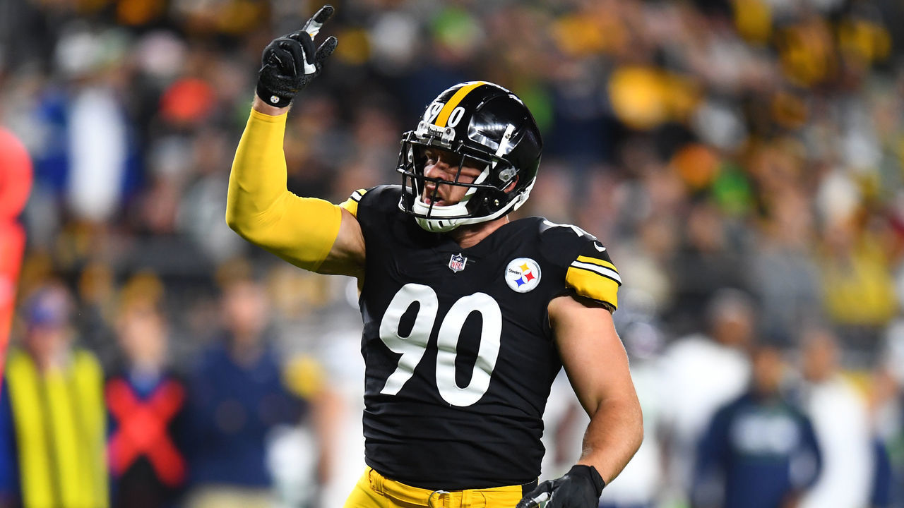 PITTSBURGH, PENNSYLVANIA - OCTOBER 17: T.J. Watt #90 of the Pittsburgh Steelers reacts during the first quarter against the Seattle Seahawks at Heinz Field on October 17, 2021 in Pittsburgh, Pennsylvania.