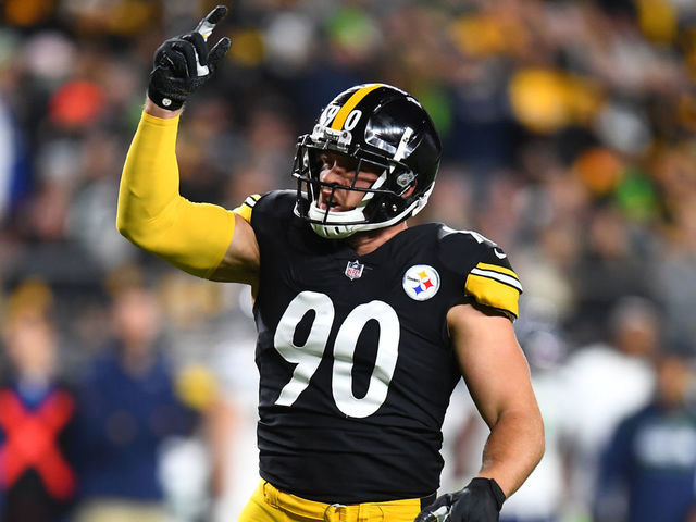 PITTSBURGH, PENNSYLVANIA - OCTOBER 17: T.J. Watt #90 of the Pittsburgh Steelers reacts during the first quarter against the Seattle Seahawks at Heinz Field on October 17, 2021 in Pittsburgh, Pennsylvania.