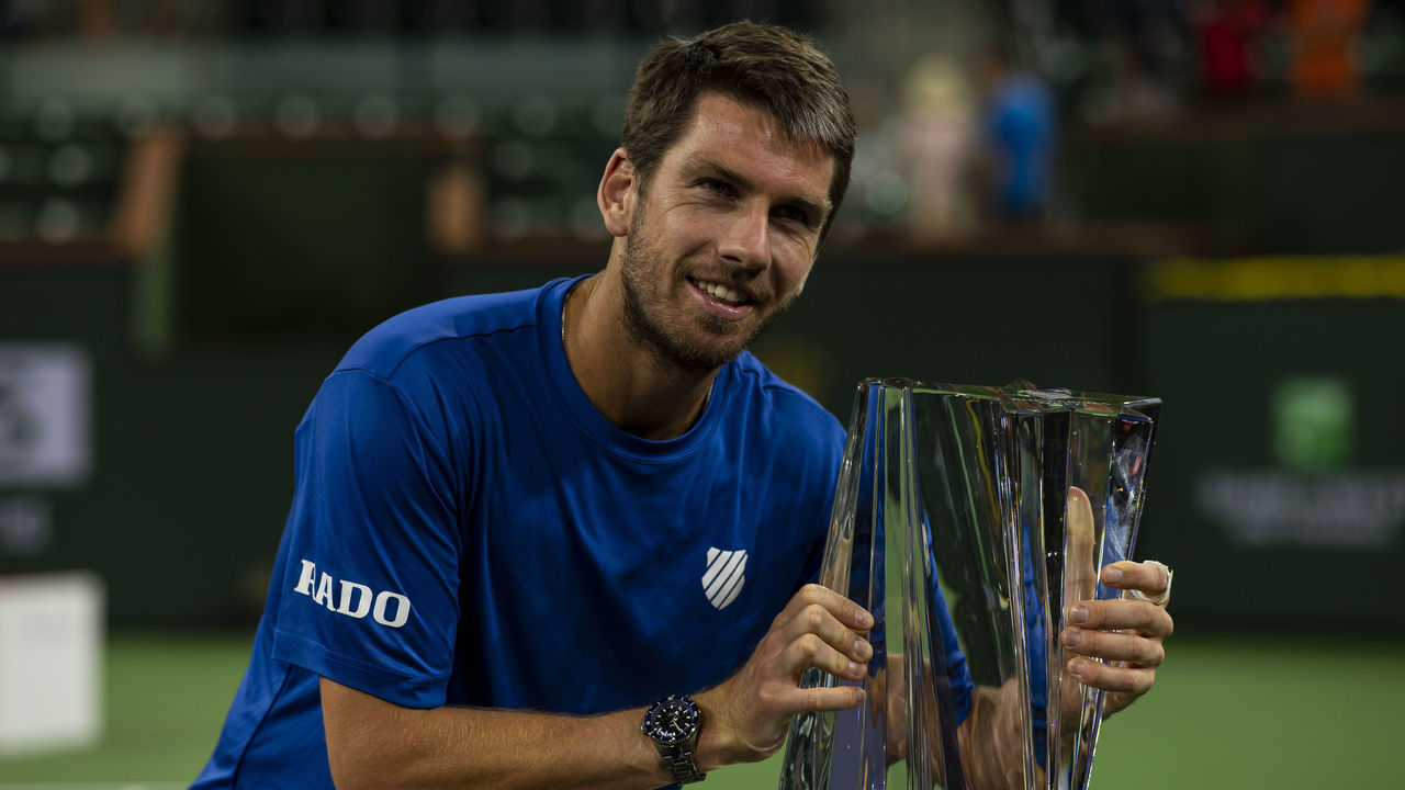 INDIAN WELLS, CALIFORNIA - OCTOBER 17: Cameron Norrie of Great Britain celebrates his victory over Nikoloz Basilashvili of Georgia in the final of the men's singles at the BNP Paribas Open at the Indian Wells Tennis Garden on October 17, 2021 in Indian Wells, California.