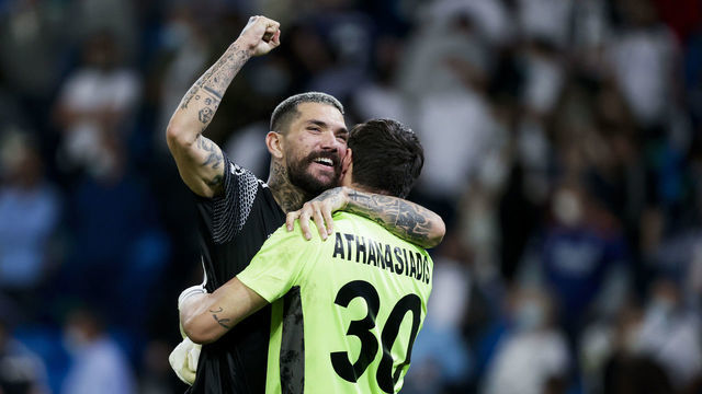 MADRID, SPAIN - SEPTEMBER 28: (L-R) Dimitris Kolovos of FC Sheriff Tiraspol, Giorgos Athanasiadis of FC Sheriff Tiraspol during the UEFA Champions League match between Real Madrid v FC Sheriff Tiraspol at the Estadio Alfredo Di Stefano on September 28, 2021 in Madrid Spain