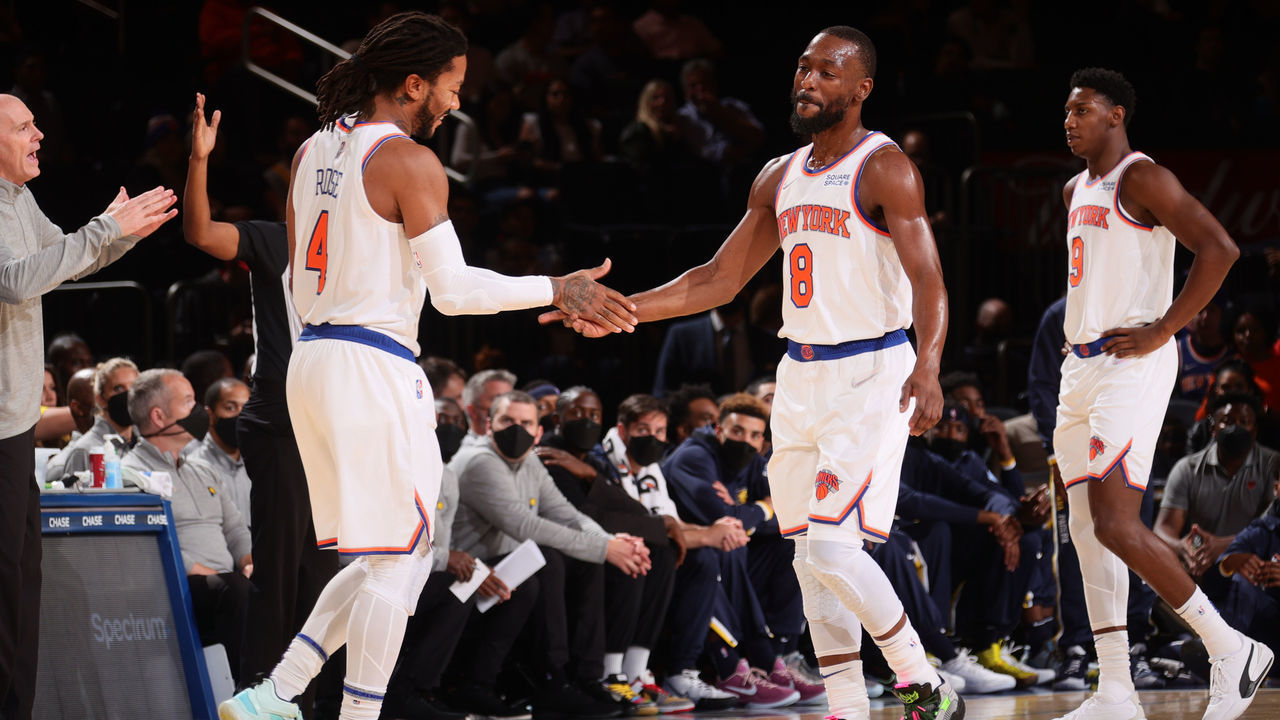 NEW YORK, NY - OCTOBER 5: Derrick Rose #4 and Kemba Walker #8 of the New York Knicks high five during a preseason game against the Indiana Pacers on October 5, 2021 at Madison Square Garden in New York City, New York. Mandatory Copyright Notice: Copyright 2021 NBAE