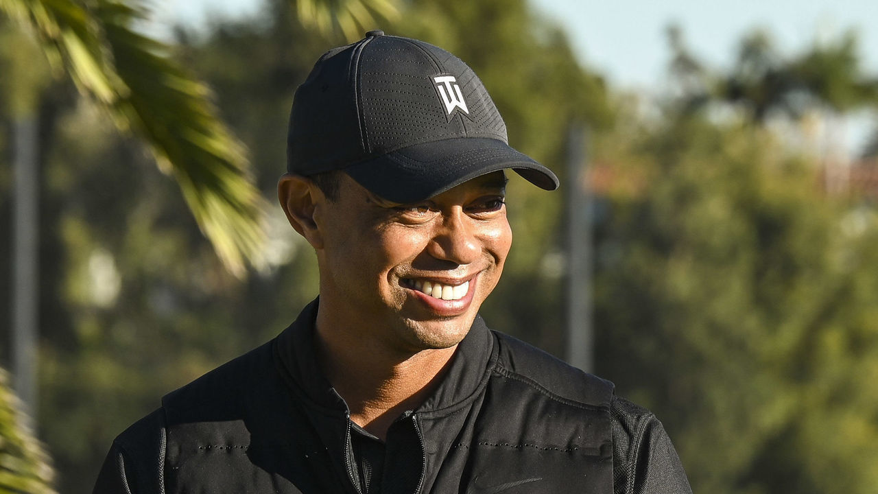 PACIFIC PALISADES, CA - FEBRUARY 21: Tournament host Tiger Woods smiles during the final round of The Genesis Invitational at Riviera Country Club on February 21, 2021 in Pacific Palisades, California.