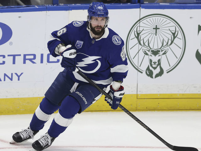 TAMPA, FL - OCTOBER 12: Tampa Bay Lightning right wing Nikita Kucherov (86) skates during the NHL game between the Pittsburgh Penguins and Tampa Bay Lightning on October 12, 2021 at Amalie Arena in Tampa, FL.