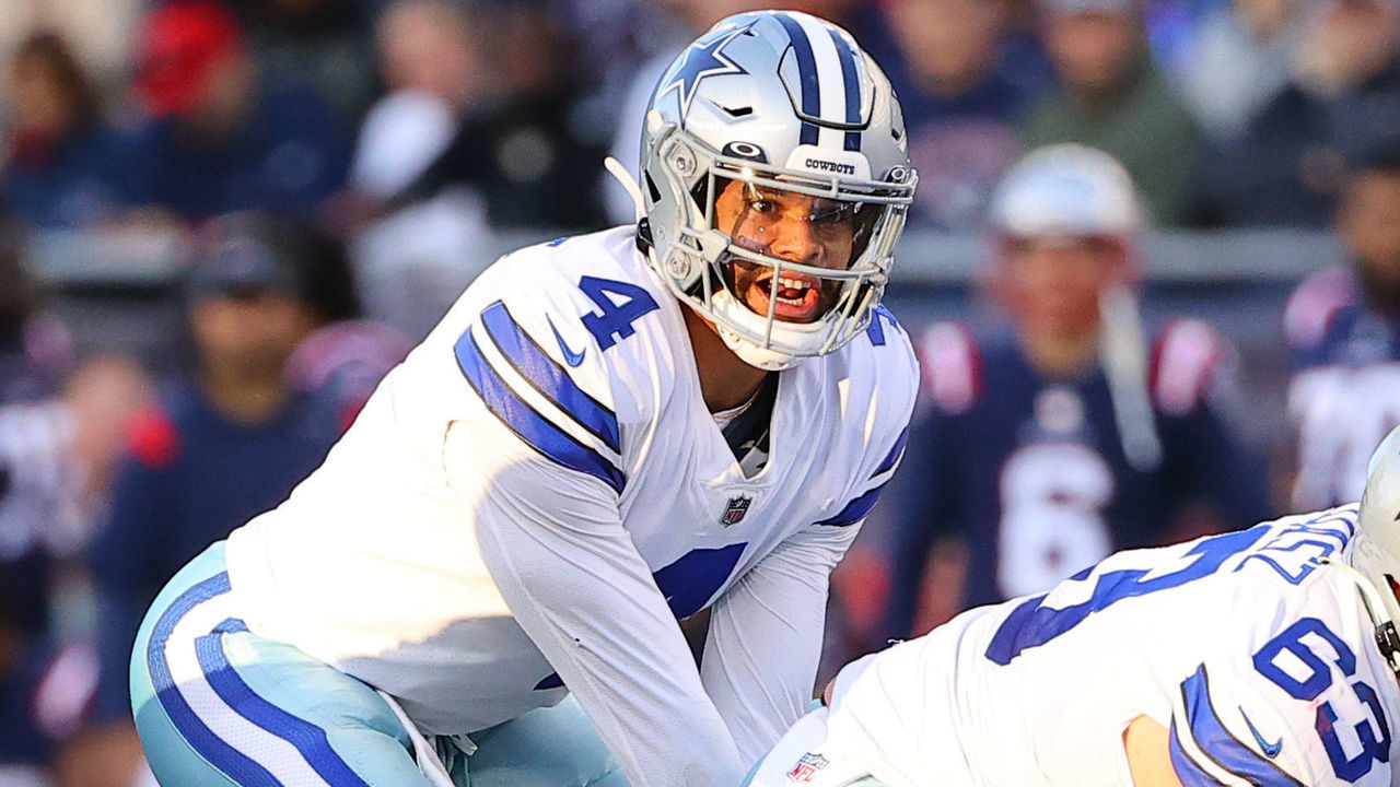 FOXBOROUGH, MA - OCTOBER 17: Dallas Cowboys quarterback Dak Prescott (4) under center during the National Football League game between the New England Patriots and the Dallas Cowboys on October 17, 2021 at Gillette Stadium in Foxborough, MA.