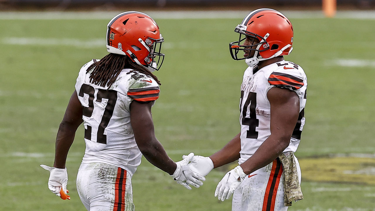 JACKSONVILLE, FL - NOVEMBER 29: Runningbacks Kareem Hunt #27 and Nick Chubb #24 of the Cleveland Browns shake hands after the game against the Jacksonville Jaguars at TIAA Bank Field on November 29, 2020 in Jacksonville, Florida. The Browns defeated the Jaguars 27-25.