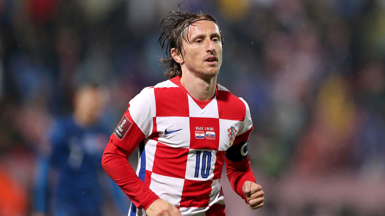 OSIJEK, CROATIA - OCTOBER 11: Luka Modric of Croatia in action during the 2022 FIFA World Cup Group H Qualifier match between Croatia and Slovakia at Gradski Vrt Stadium on October 11, 2021 in Osijek, Croatia.