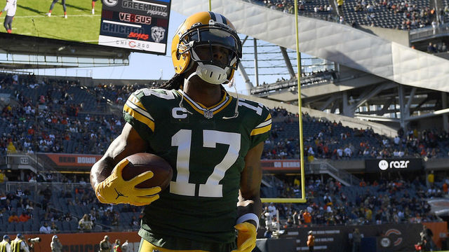 CHICAGO, ILLINOIS - OCTOBER 17: Davante Adams #17 of the Green Bay Packers warms up before a game against the Chicago Bears at Soldier Field on October 17, 2021 in Chicago, Illinois.