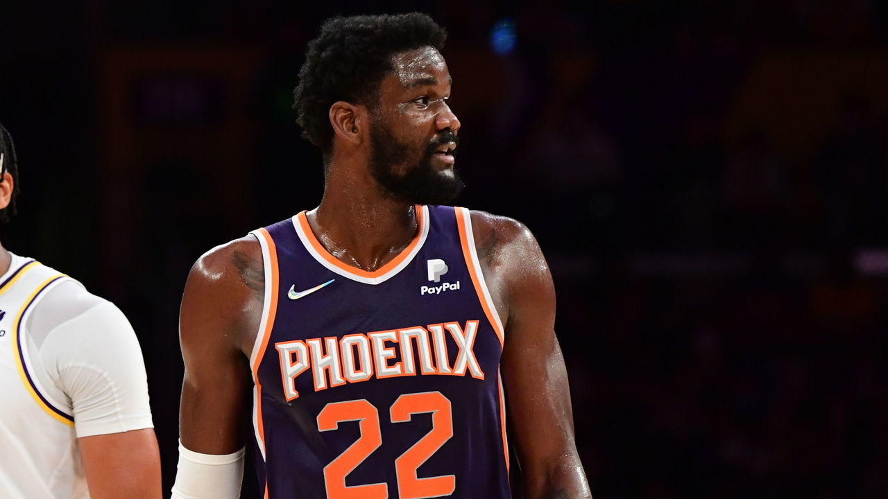 LOS ANGELES, CA - OCTOBER 10: Anthony Davis #3 of the Los Angeles Lakers and Deandre Ayton #22 of the Phoenix Suns look on during a preseason game on October 10, 2021 at STAPLES Center in Los Angeles, California. NOTE TO USER: User expressly acknowledges and agrees that, by downloading and/or using this Photograph, user is consenting to the terms and conditions of the Getty Images License Agreement. Mandatory Copyright Notice: Copyright 2021 NBAE