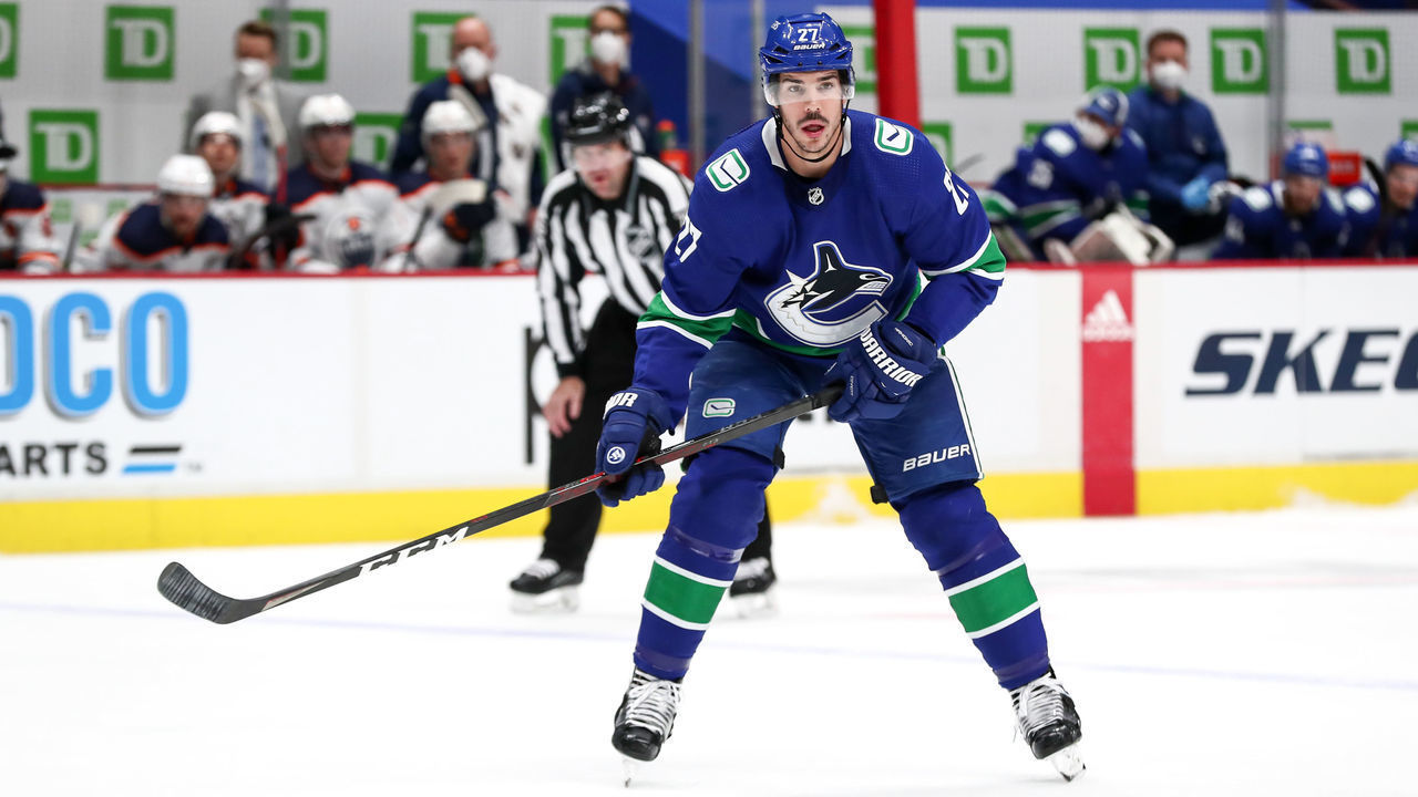 VANCOUVER, BC - MAY 03: Vancouver Canucks Defenceman Travis Hamonic (27) on ice against the Edmonton Oilers during their NHL game at Rogers Arena on May 3, 2021 in Vancouver, British Columbia, Canada.