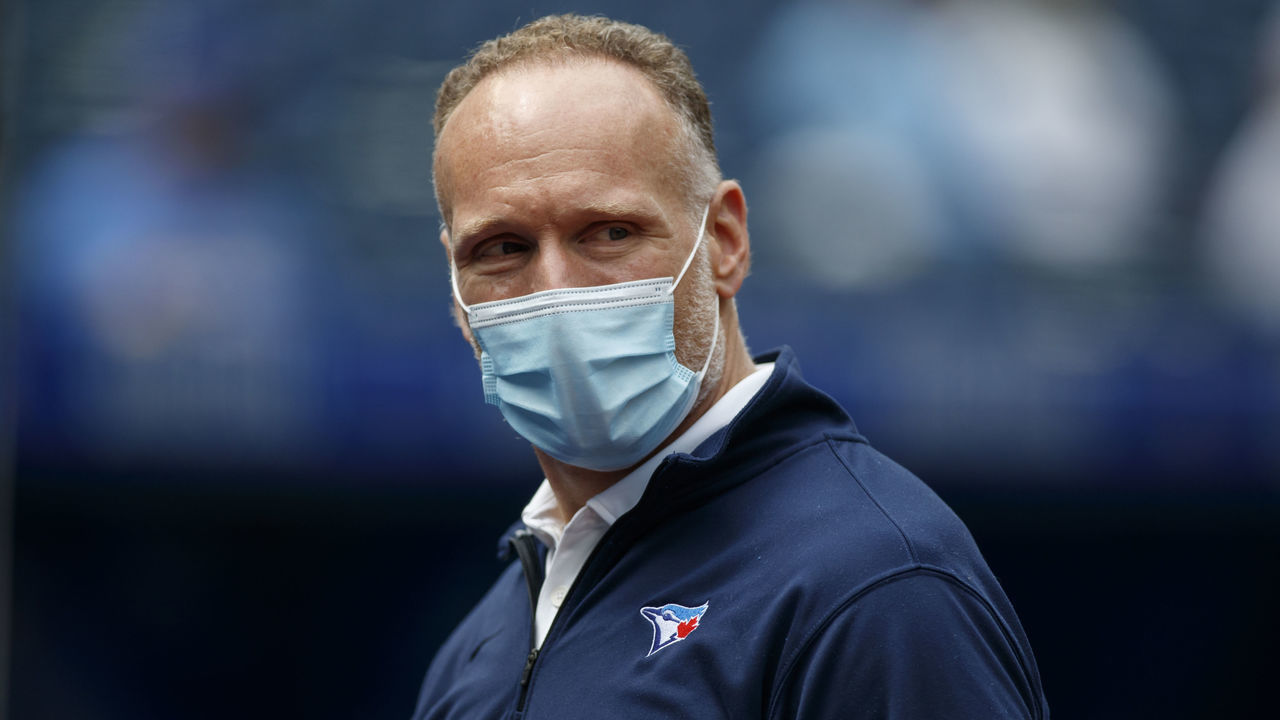 TORONTO, ON - JULY 31: Toronto Blue Jays' president Mark Shapiro looks on during Toronto Blue Jays and Kansas City Royals MLB game at Rogers Centre on July 31, 2021 in Toronto, Ontario.