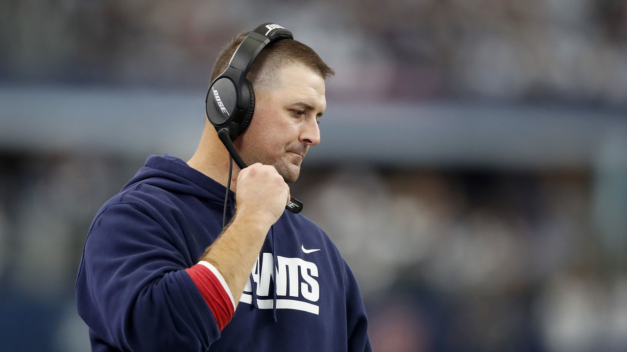 ARLINGTON, TEXAS - OCTOBER 10: Head coach Joe Judge of the New York Giants looks on during the first half against the Dallas Cowboys at AT&T Stadium on October 10, 2021 in Arlington, Texas.