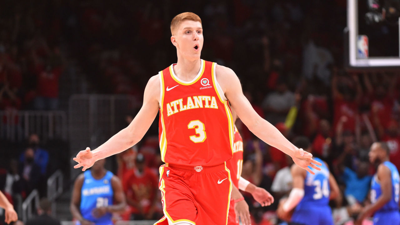 ATLANTA, GA - JUNE 27: Kevin Huerter #3 of the Atlanta Hawks reacts during Game 3 of the Eastern Conference Finals of the 2021 NBA Playoffs on June 27, 2021 at State Farm Arena in Atlanta, Georgia. NOTE TO USER: User expressly acknowledges and agrees that, by downloading and/or using this Photograph, user is consenting to the terms and conditions of the Getty Images License Agreement. Mandatory Copyright Notice: Copyright 2021 NBAE