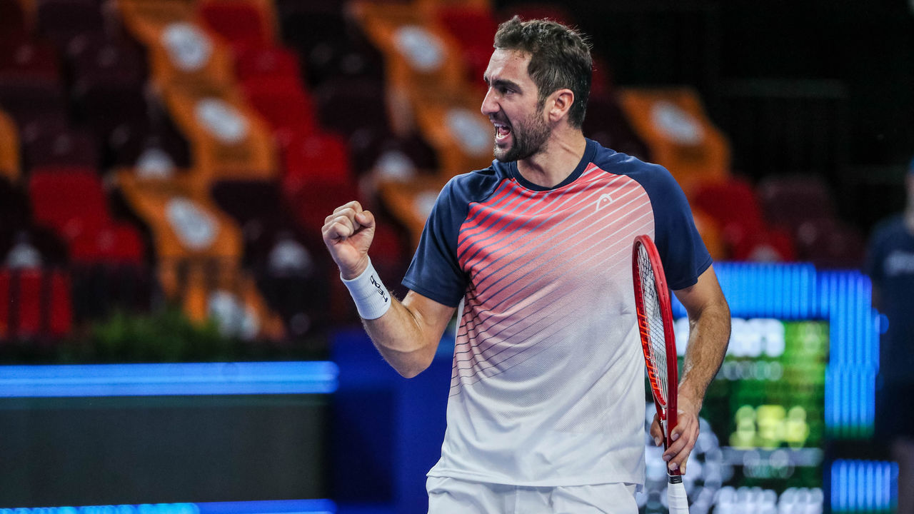 MOSCOW, RUSSIA - OCTOBER 18, 2021: Croatias Marin Cilic in his mens singles Round of 32 tennis match against Bosnia and Herzegovina's Damir Dzumhur at the VTB Kremlin Cup 2021 at the Luzhniki Palace of Sports. Mikhail Tereshchenko/TASS
