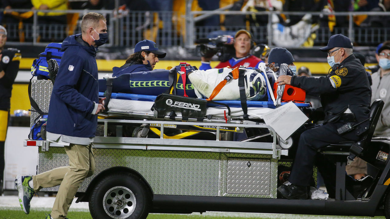 PITTSBURGH, PENNSYLVANIA - OCTOBER 17: Darrell Taylor #52 of the Seattle Seahawks is carted off the field after an injury during a game against the Pittsburgh Steelers at Heinz Field on October 17, 2021 in Pittsburgh, Pennsylvania.