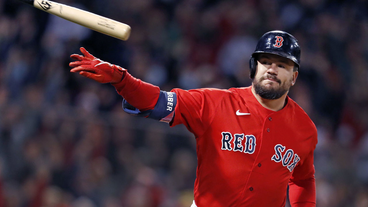 Boston - October 18: The Red Sox Kyle Schwarber tosses his bat away following his bottom of the second inning grand slam home run. The Boston Red Sox host the Houston Astros for Game 3 of the ALCS at Fenway Park in Boston on Oct. 18, 2021.