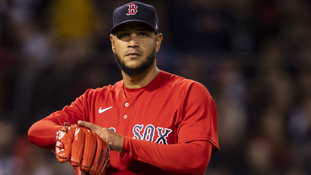 BOSTON, MA - OCTOBER 18: Eduardo Rodriguez #57 of the Boston Red Sox reacts during the sixth inning of game three of the 2021 American League Championship Series against the Houston Astros at Fenway Park on October 18, 2021 in Boston, Massachusetts.