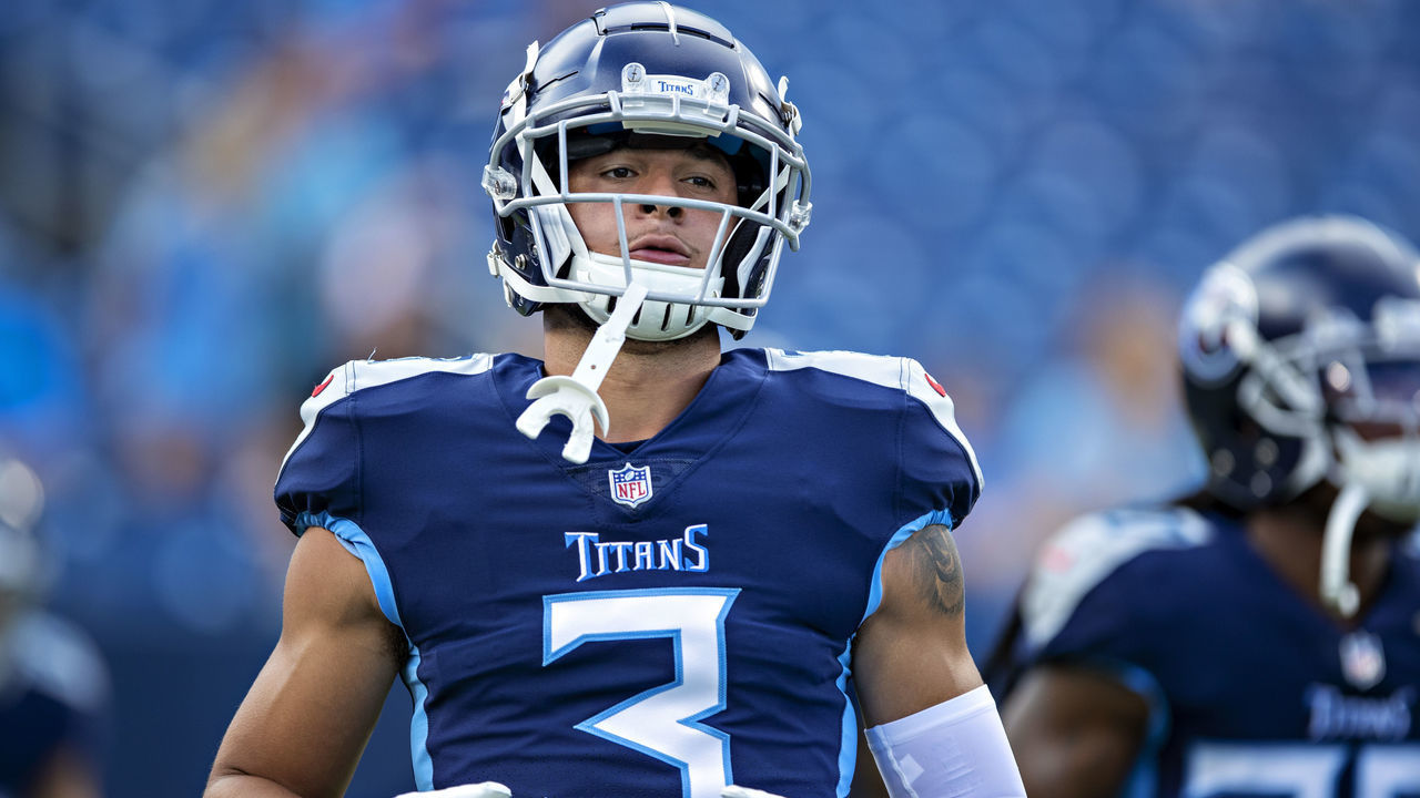 NASHVILLE, TN - AUGUST 28: Caleb Farley #3 of the Tennessee Titans warms up before an NFL preseason game against the Chicago Bears at Nissan Stadium on August 28, 2021 in Nashville, Tennessee.