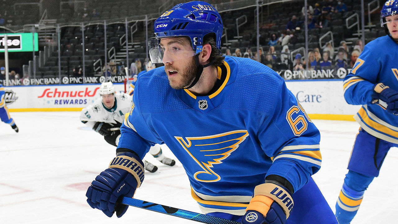 ST. LOUIS, MO - FEBRUARY 20: St. Louis Blues left wing Mike Hoffman (68) during a NHL game between the San Jose Sharks and the St. Louis Blues on February 20, 2021, at Enterprise Center, St. Louis, Mo. ,
