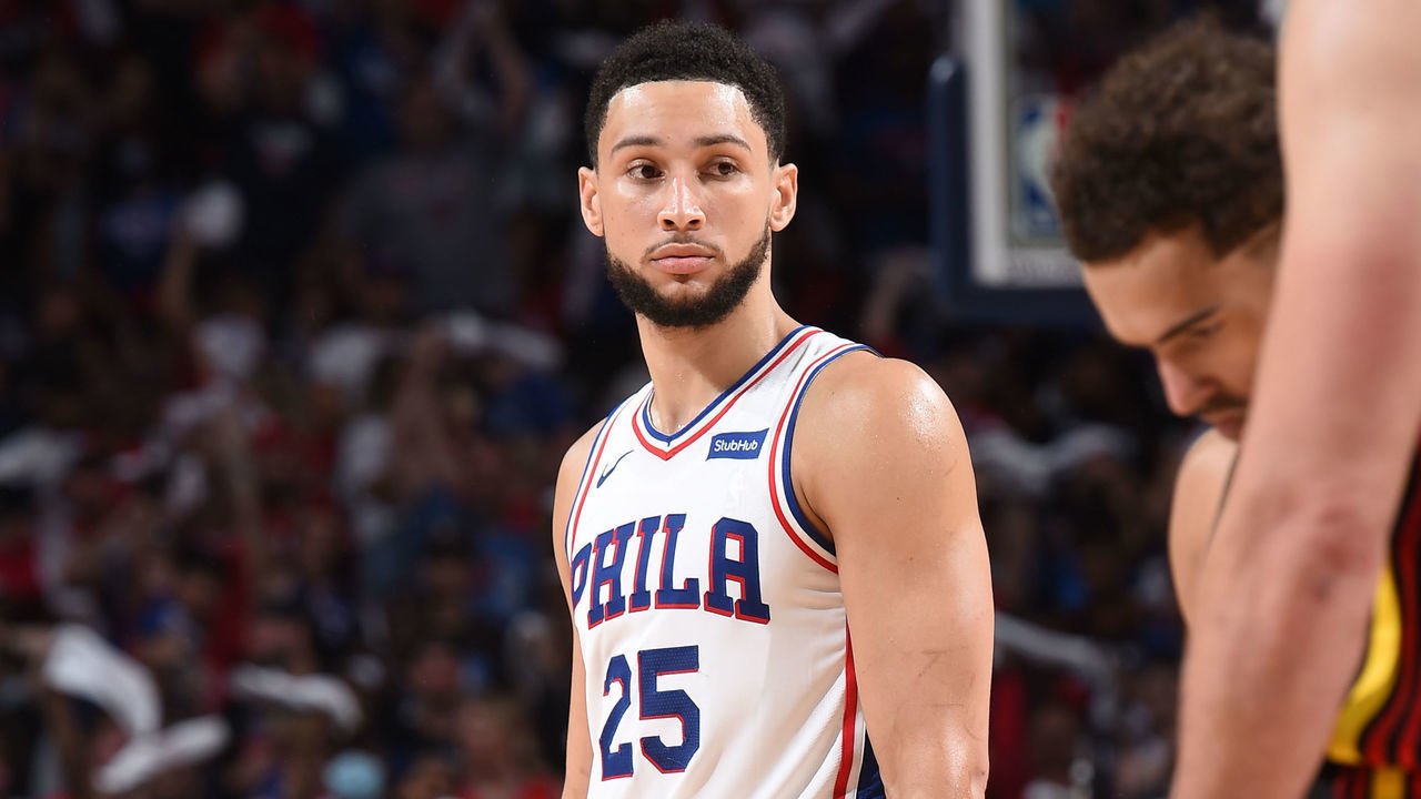 PHILADELPHIA, PA - JUNE 20: Ben Simmons #25 of the Philadelphia 76ers looks on during Round 2, Game 7 of the Eastern Conference Playoffs on June 20, 2021 at Wells Fargo Center in Philadelphia, Pennsylvania. NOTE TO USER: User expressly acknowledges and agrees that, by downloading and/or using this Photograph, user is consenting to the terms and conditions of the Getty Images License Agreement. Mandatory Copyright Notice: Copyright 2021 NBAE