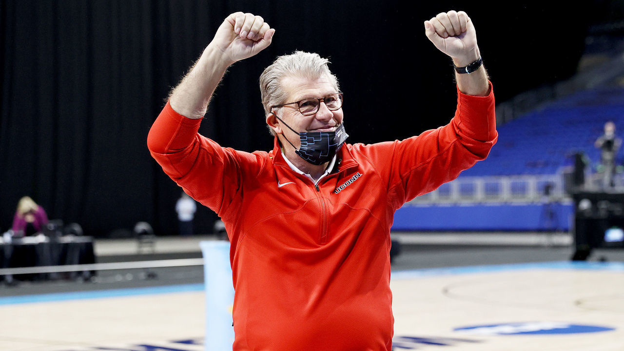 SAN ANTONIO, TEXAS - MARCH 29: Head coach Geno Auriemma of the UConn Huskies celebrates the win over the Baylor Lady Bears during the Elite Eight round of the NCAA Women's Basketball Tournament at the Alamodome on March 29, 2021 in San Antonio, Texas.The UConn Huskies defeated the Baylor Lady Bears 69-67 to advance to the Final Four.