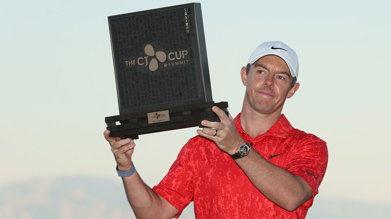 LAS VEGAS, NEVADA - OCTOBER 17: Rory McIlroy of Northern Ireland celebrates with the trophy after winning during the final round of THE CJ CUP @ SUMMIT at The Summit Club on October 17, 2021 in Las Vegas, Nevada.