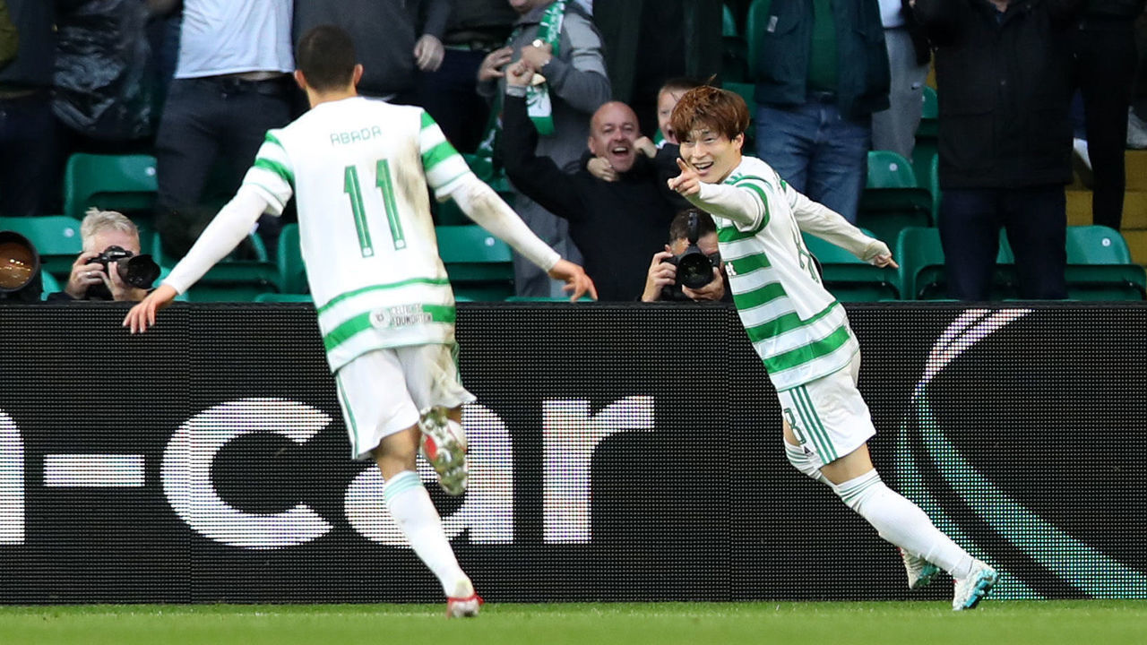 GLASGOW, SCOTLAND - OCTOBER 19: Kyogo Furuhashi of Celtic celebrates after scoring their side's first goal during the UEFA Europa League group G match between Celtic FC and Ferencvarosi TC at Celtic Park on October 19, 2021 in Glasgow, Scotland.