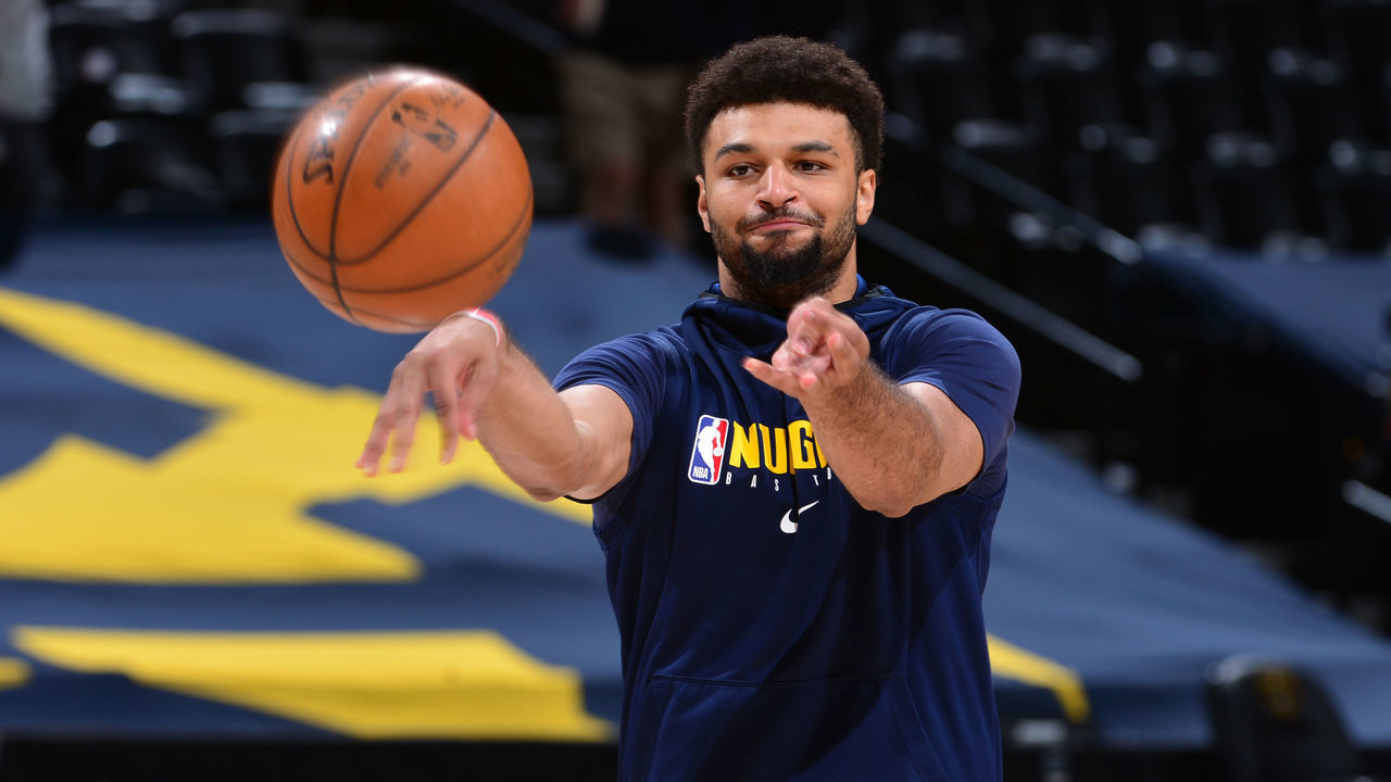 DENVER, CO - JUNE 1: Jamal Murray #27 of the Denver Nuggets warms up before the game against the Portland Trail Blazers during Round 1, Game 5 of the 2021 NBA Playoffs on June 1, 2021 at the Pepsi Center in Denver, Colorado. NOTE TO USER: User expressly acknowledges and agrees that, by downloading and/or using this Photograph, user is consenting to the terms and conditions of the Getty Images License Agreement. Mandatory Copyright Notice: Copyright 2020 NBAE