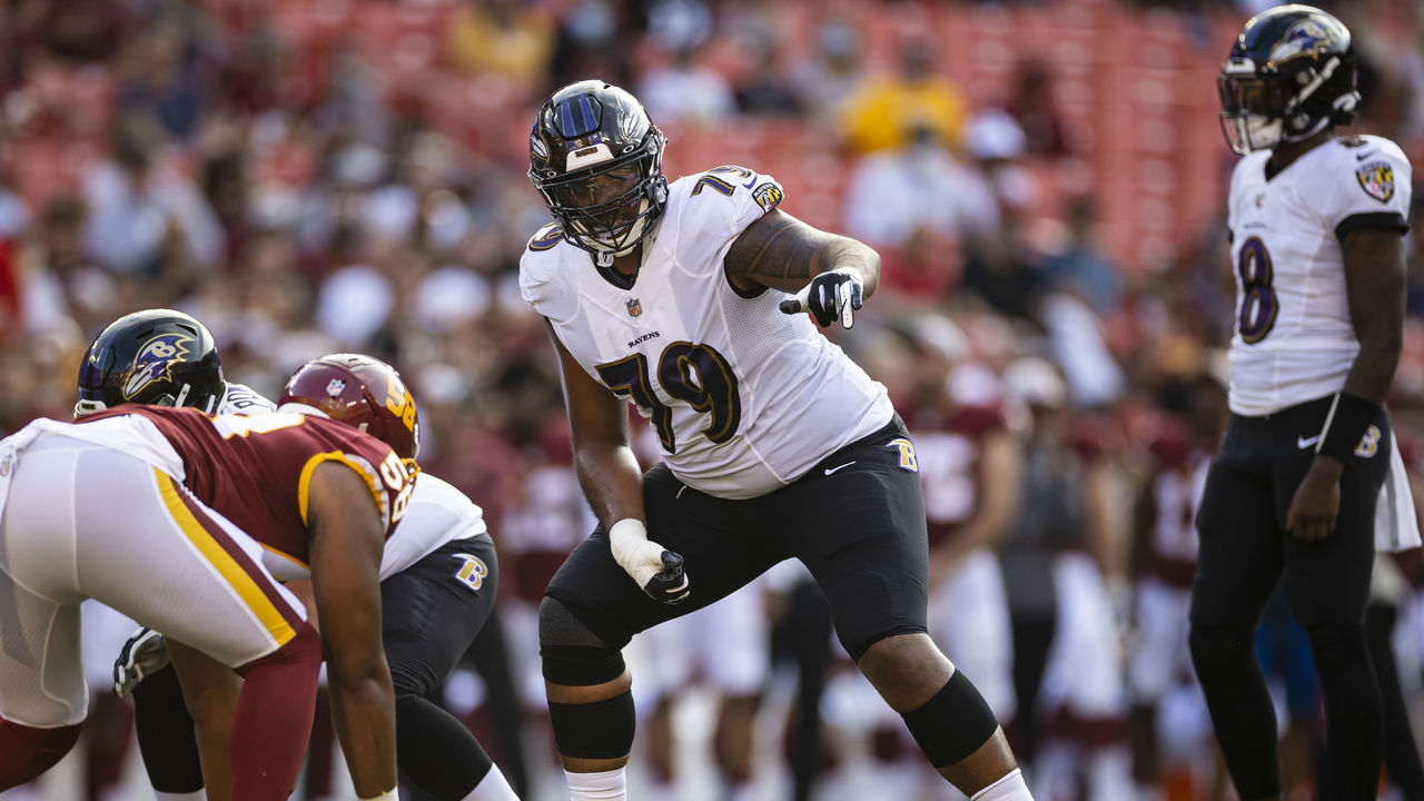 LANDOVER, MD - AUGUST 28: Ronnie Stanley #79 of the Baltimore Ravens lines up against the Washington Football Team during the first half of the preseason game at FedExField on August 28, 2021 in Landover, Maryland.