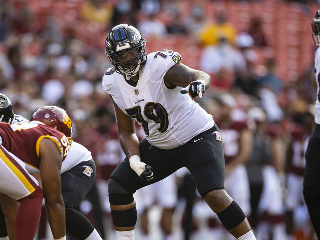 Baltimore Ravens T Ronnie Stanley (79) on the sidelines during a