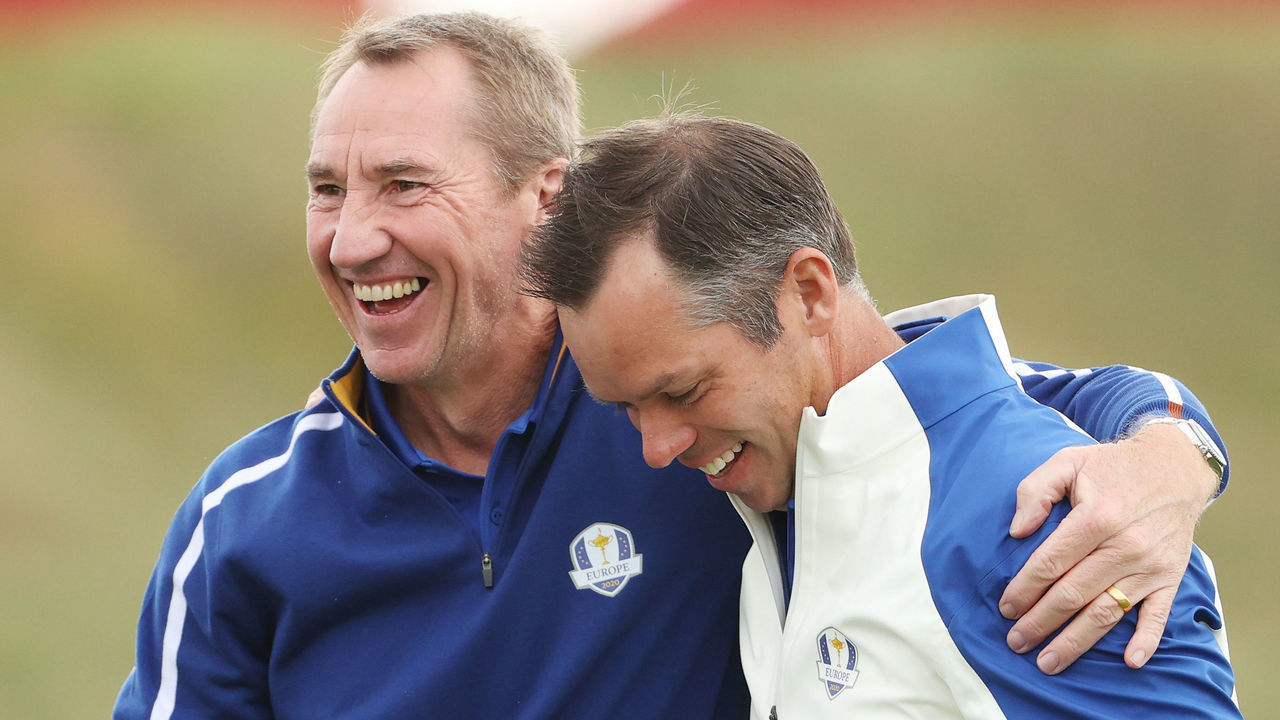 KOHLER, WISCONSIN - SEPTEMBER 21: Paul Casey of England and team Europe and his caddie John McLaren pose for photos prior to the 43rd Ryder Cup at Whistling Straits on September 21, 2021 in Kohler, Wisconsin.
