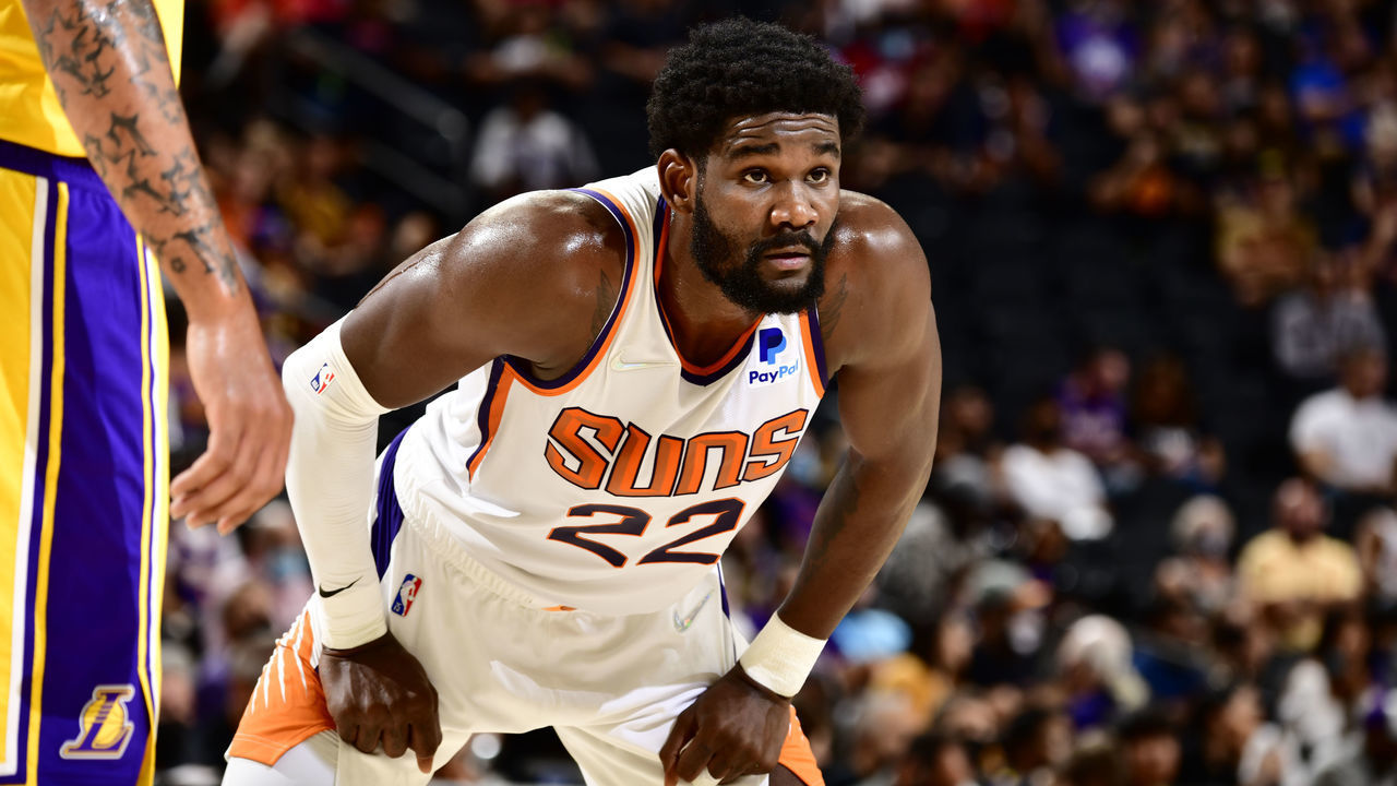 PHOENIX, AZ - OCTOBER 6: Deandre Ayton #22 of the Phoenix Suns looks on during the game against the Los Angeles Lakers during a preseason game on October 6, 2021 at Footprint Center in Phoenix, Arizona. Mandatory Copyright Notice: Copyright 2021 NBAE